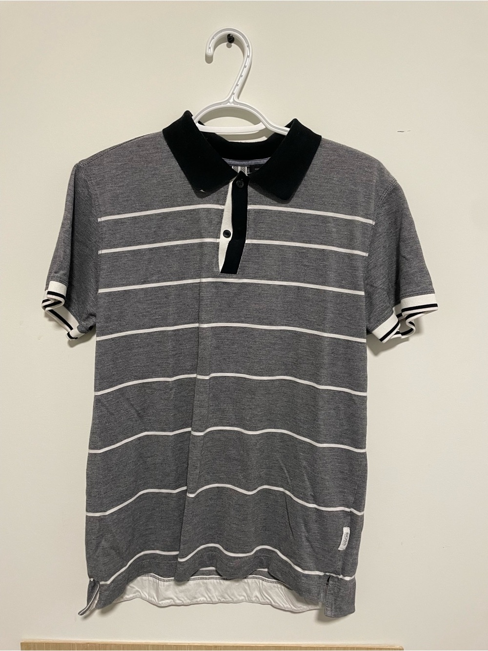 Boss Men's Gray Striped Polo with Black Collar